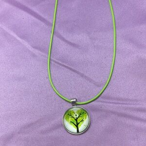 Green Tree Pendant Necklace on Lime Cord - Women Jewelry